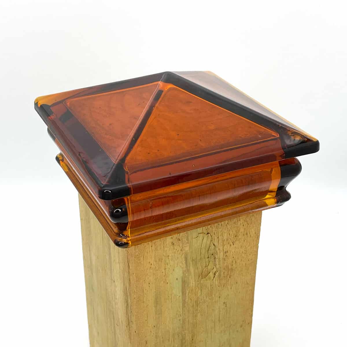 Perspective View Of Amber Yellow Woodway Glass Post Cap For 4 Inch Square Post