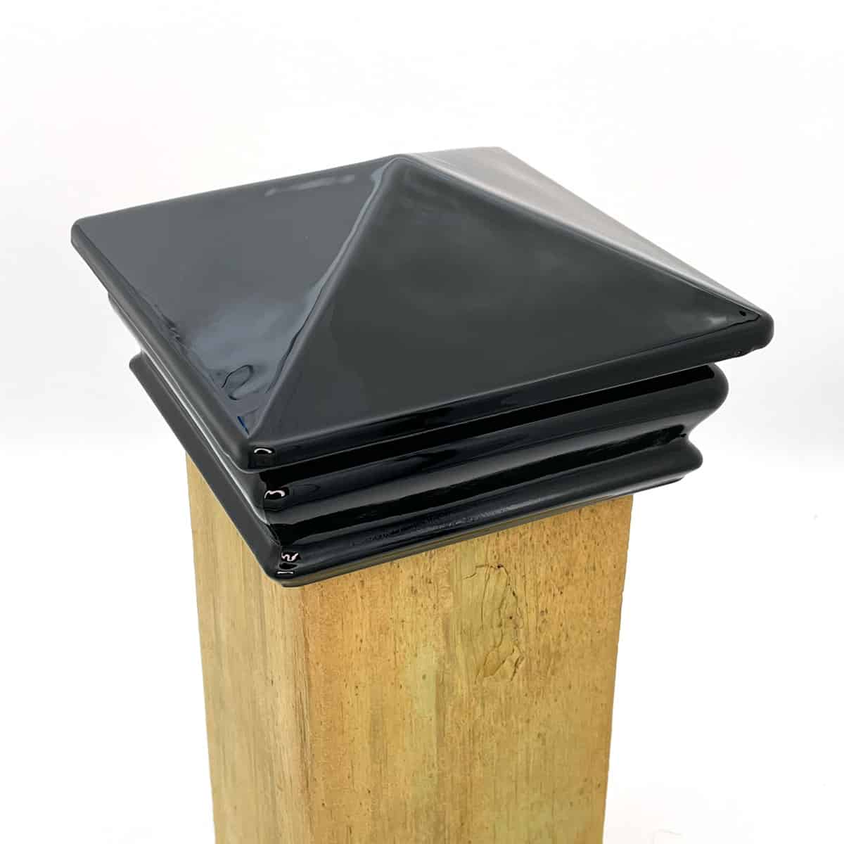 Perspective View Of Onyx Black Woodway Glass Post Cap For 4 Inch Square Post