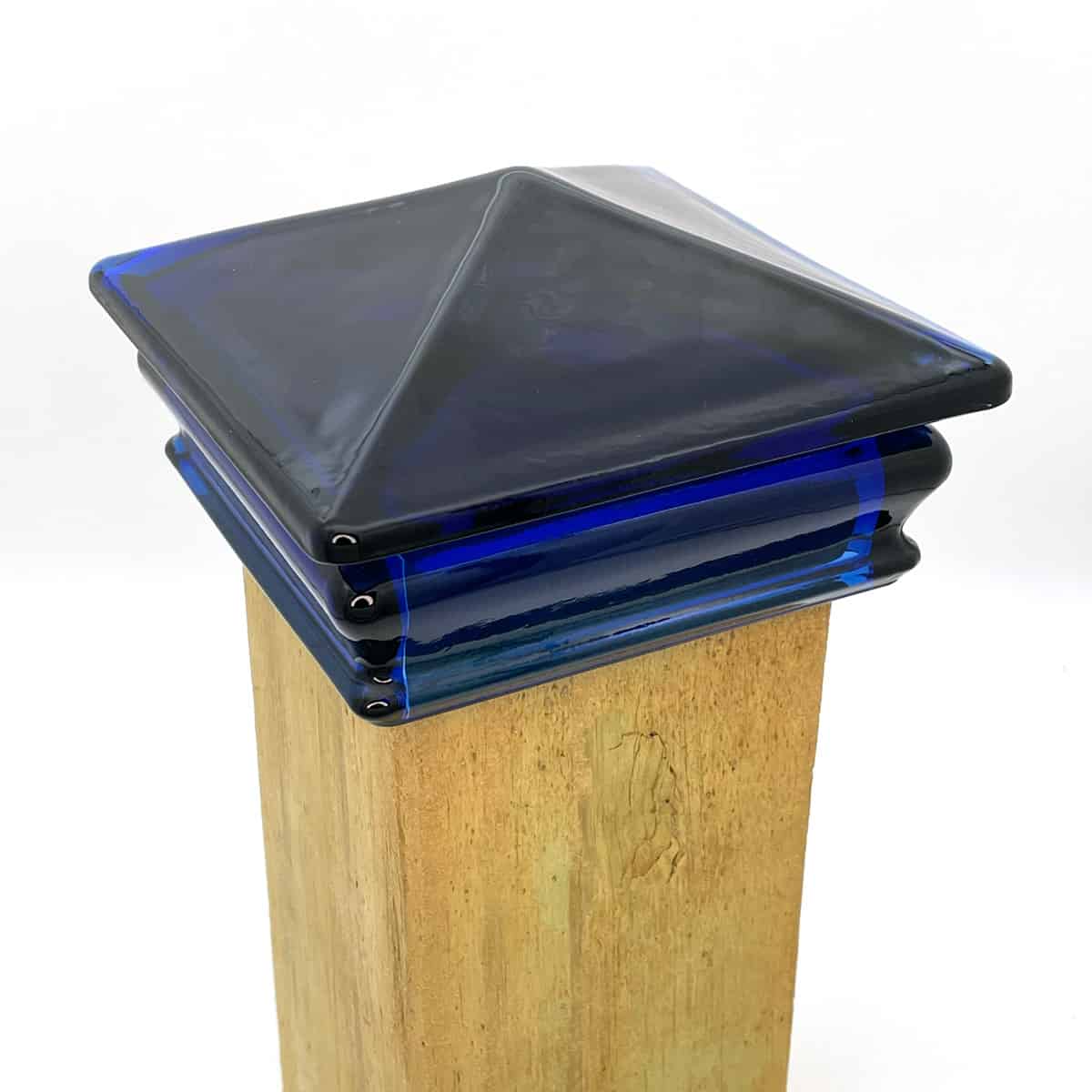 Perspective View Of Cobalt Blue Woodway Glass Post Cap For 4 Inch Square Post